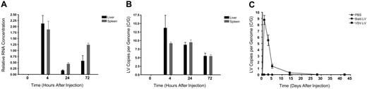 Figure 1. Kinetic profile of LV content within the liver and spleen following systemic injection. (A) Quantification of LV RNA from the liver (▪) and spleen (⊡) of VSV.LV-treated Balb/c mice. Quantitative RT-PCR (Q-RT-PCR) was used to measure GFP RNA. All samples were normalized to murine GAPDH. Values are presented as the means ± SEM for 3 mice per group. (B) Quantification of LV DNA from the liver (▪) and spleen (⊡) of VSV.LV-treated Balb/c mice. Spleen and liver samples were analyzed at the indicated time point by Q-PCR to measure LV copies per genome (C/G). All samples were normalized to murine β-actin. Values are presented as the means ± SEM for 3 mice per group. (C) Analysis of vector persistence in the liver. Q-PCR analysis was performed as in panel B on liver samples from mice treated with PBS (▴) or 10 μg of VSV.LV (▪) or bald.LV (•).