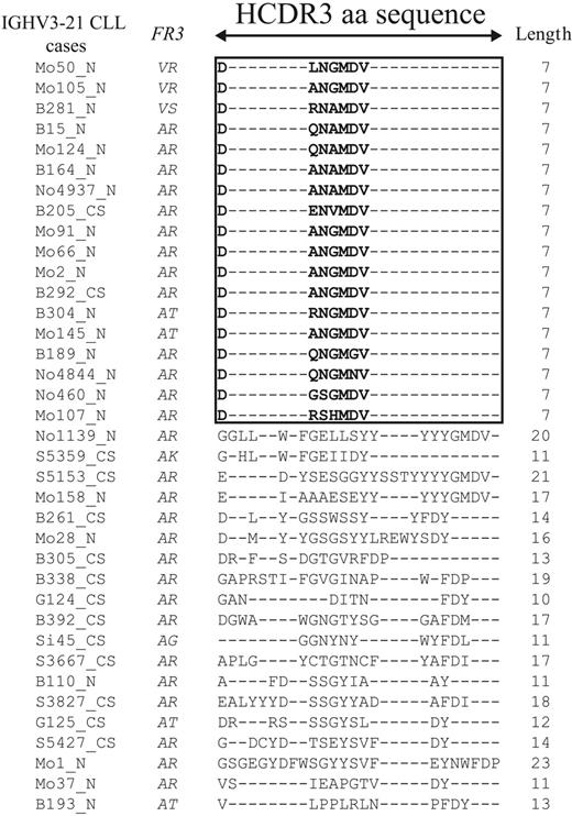 Figure 2. Amino acid sequences of the HCDR3 in the IGHV3-21 cases. Alignment of the HCDR3 sequences belonging to 37 IGHV3-21 CLL cases was performed by converting all in-frame IGH rearrangements into aa sequences, selecting HCDR3 sequences only, and aligning them by means of the multiple sequence alignment software ClustalW.21 The length of HCDR3 was computed between codons 95 and 102, as described by Kabat. A black frame was drawn around the 18 sequences with the same length and similar aa composition. Missing aa's are indicated with dashes.
