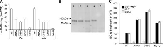 Figure 2. Surface expression and iC3b binding of WT and mutant CD11b/CD18 in HEK293 cells. (A) Histograms showing the relative binding of the heterodimer-specific mAb IB4 and the anti-CD11b mAb 44a to HEK293 cells expressing WT and βTD mutant CD11b/CD18 receptors. Binding of the respective antibody to the WT receptor was considered 100. Each histogram represents mean ± SD of triplicate determinations from a representative experiment (1 of 3 performed). (B) Western blots following 4% to 15% gradient SDS-PAGE showing the presence of CD18 in anti-CD11b (using mAb 44a) immunoprecipitates from HEK293 cells expressing WT (lane 1), AGAA (lane 2), DSSG (lane 3), NGTD CD11b/CD18 mutants (lane 4), and mock-transfected cells (lane 5). Approximately equivalent amounts of the immunoprecipitated receptors were loaded in each lane. The shift in CD18 in the NGTD mutant (lane 4) is consistent with attachment of a neo–N-glycan. Arrowheads indicate molecular weight markers at 100 kDa and 75 kDa (High MW Markers; Boston Bioproducts). No CD18 was seen in anti-CD11b immunoprecipitates from mock-transfected HEK293 cells (lane 5). (C) Histograms showing the relative binding of EiC3b to WT and βTD mutant CD11b/CD18 in buffer containing EDTA (5 mM), Ca2+ and Mg2+ (1 mM each), or Mn2+ (1 mM) and expressed as percentage of binding to WT obtained in the presence of 1 mM each of Ca2+ and Mg2+ after correcting for expression using mAb IB4 as described.9 Similar results were obtained when the activation-insensitive mAb 44a was used as reference (not shown). Each bar represents mean ± SD of triplicate determinations from a representative experiment (1 of 3 performed).