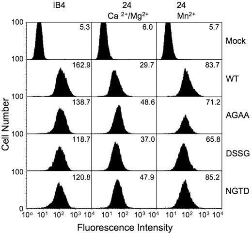 Figure 5. Reactivity of WT and βTD mutant CD11b/CD18 with conformation-sensitive mAb 24. FACS analysis of the reactivity of mAb 24 with WT and mutant CD11b/CD18-expressing K562 cells. Level of CD11b/CD18 surface expression was analyzed using mAb IB4. Mean fluorescence intensity (MFI) values for mAb staining are shown in each panel from a representative experiment (1 of 3 performed), except that MFI of mAb 24 staining is shown after subtraction of the background mock fluorescence staining levels and after normalization to the IB4 expression values.