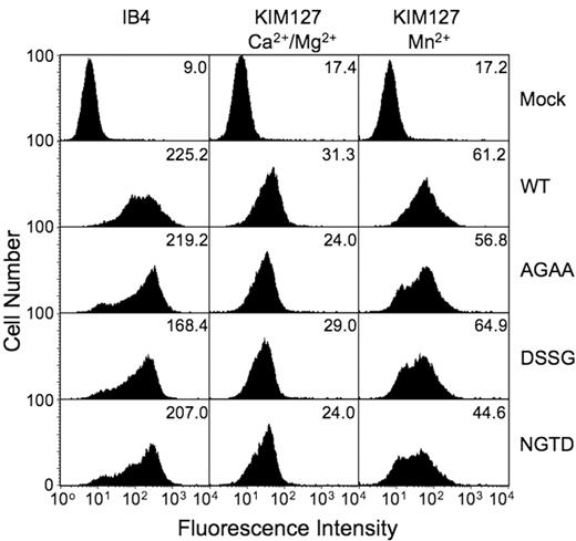 Figure 6. Reactivity of WT and βTD mutant CD11b/CD18 with genu extension–dependent mAb KIM127. FACS analysis of the reactivity of mAb KIM127 with WT and mutant CD11b/CD18-expressing K562 cells. Level of CD11b/CD18 surface expression was analyzed using mAb IB4. MFI values for mAb staining are shown in each panel from a representative experiment (1 of 3 performed), except that mean fluorescence intensity of KIM127 staining is shown after subtraction of the background mock fluorescence staining levels and after normalization to the IB4 expression values. No binding was observed with isotype control mAb (not shown).