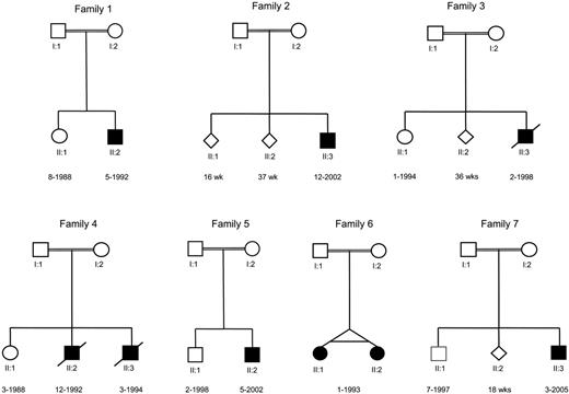 Figure 1. Pedigrees of 7 unrelated families with LAD-1/variant syndrome patients. The diamonds in families 2, 3, and 7 denote stillbirths after a pregnancy of a duration in weeks as indicated beneath the genetic symbols used.