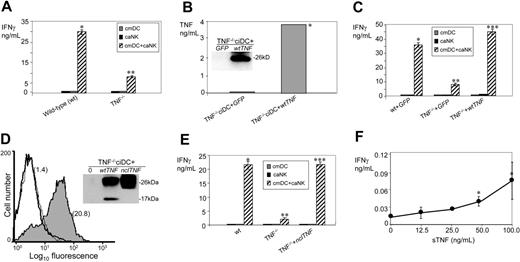 Figure 5. TNF−/− DCs and NK cells are impaired in the ability to reciprocally stimulate IFN-γ secretion, and the impairment can be fully repaired by restoring TNF−/− DCs with tmTNF but not sTNF. (A) TNF−/− DCs and TNF−/− NK cells have a remarkably decreased ability to reciprocally stimulate IFN-γ secretion. Wild-type cmDCs and wild-type caNK cells or TNF−/− cmDCs and TNF−/− caNK cells were cultured either alone or together for 24 hours. cmDCs were generated by LPS stimulation of ciDCs. Following this culture, the cell-culture–conditioned media were assessed for IFN-γ using ELISA. Data are from a representative experiment of 7 similar experiments performed. They are means ± SD of triplicates IFN-γ nanograms per 0.5 × 106 cells per milliliter. (B) Transfer of wild-type Tnf restores cell-associated tmTNF in TNF−/− DCs. TNF−/− ciDCs were transduced with adenoviral vectors containing GFP or wild-type Tnf (wtTNF). Cell lysates of transfected cells were assessed using Western blot assays (inset) and ELISA (columns). Data are from an experiment. Western blot was assessed with anti-TNF antibody. ELISA data are means of triplicates TNF nanograms per 0.5 × 106 cells per milliliter (SD is 0.2 ng). (C) Transfer of wild-type Tnf into TNF−/− DCs restores DC ability to stimulate IFN-γ secretion by TNF−/− NK cells. Wild-type ciDCs were transduced with adenoviral vector containing GFP (wt+GFP), and TNF−/− ciDCs were transduced with adenoviral vectors containing either GFP (TNF−/−+GFP) or wild-type Tnf (TNF−/−+wtTNF). The transduced wild-type or TNF−/− DCs and respective wild-type or TNF−/− untreated caNK cells were cultured either alone or together, in the presence of LPS, for 24 hours. Following this culture, the cell-culture–conditioned media were assessed by IFN-γ ELISA. Presented data are from one experiment and represent means ± SD of triplicates IFN-γ nanograms per 0.5 × 106 cells per milliliter. (D) Transfer of noncleavable Tnf restores cell-surface expression of tmTNF in TNF−/− DCs. TNF−/− ciDCs were transduced with the plasmid DNA containing either wtTnf or nclTnf. Transduced DCs were compared with mock-transduced TNF−/− ciDCs for the expression of tmTNF on cell surface using flow cytometry and Western blot (insert). Flow cytometry presents log10 fluorescence intensity of TNF−/− ciDCs either mock transduced or transduced with nclTnf and stained with isotype-matched control antibody (thin-line open histogram) or anti-TNF antibody (thick-line open histogram, mock transduced; filled histogram, nclTnf transduced). Numbers in parentheses are MFI. Western blot presents TNF forms in lysates of TNF−/− DCs either mock transduced (0) or transduced with wtTNF or nclTnf. Presented data are from one experiment. (E) Transfer of nclTnf fully restores the ability of TNF−/− DCs to stimulate IFN-γ secretion by TNF−/− NK cells. TNF−/− cmDCs mock transduced (TNF−/−) or transduced with nclTnf (TNF−/−+nclTNF) and nontransduced TNF−/− caNK cells were cultured alone or together for 24 hours. For comparison, the ability of nontransduced LPS-stimulated wild-type cmDCs to stimulate wild-type caNK cells was assessed (wt). Following this culture, the cell-culture–conditioned media were assessed by IFN-γ ELISA. Presented data are from an experiment and are means ± SD of triplicates IFN-γ nanograms per 0.5 × 106 cells per milliliter. (F) sTNF is a poor stimulator of NK-cell IFN-γ secretion. Wild-type caNK cells were incubated for 24 hours in the absence or presence of grading concentrations of mouse recombinant sTNF. Following the incubation, the cell-culture–conditioned media were collected and assessed by IFN-γ ELISA. Presented data are from one experiment and represent means ± SD of triplicates IFN-γ nanograms per 0.5 × 106 cells per milliliter. In panels A, C, and E, single asterisks indicate significant increases of IFN-γ in wild-type cmDC+wild-type caNK-cell cocultures in comparison with wild-type cmDC or caNK-cell cultures alone. In panel B, the single asterisk indicates a significant increase of cell-associated TNF in TNF−/− ciDCs transduced with wtTnf compared with TNF−/− ciDCs transduced with GFP. In panel F, single asterisks indicate significant increases of IFN-γ in sTNF-stimulated versus unstimulated caNK-cell cultures. Double asterisks indicate significant decreases of IFN-γ in cocultures of untreated, GFP-transduced, or mock-transduced TNF−/− cmDCs with TNF−/− untreated caNK cells in comparison with cocultures of untreated or GFP-transduced wild-type cmDCs with untreated wild-type caNK cells. Triple asterisks indicate significant increases of IFN-γ in cocultures of wtTnf- or nclTnf-transduced TNF−/− cmDCs with untreated TNF−/− caNK cells in comparison with cocultures of mock-transduced or GFP-transduced TNF−/− cmDCs with untreated TNF−/− caNK cells.