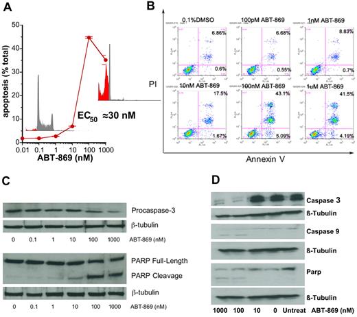 Figure 3. ABT-869 induces apoptosis of MV-411 cells. (A) MV-4-11 cells were treated for 72 hours with ABT-869, stained with propidium iodide (50 mg/mL), and analyzed on a FACS Calibur flow cytometer. Sub-G0/G1 population was determined by CellQuest software and designated as apoptotic cells (% apoptotic cells ± SEM). (B) MV-4-11 cells (1 × 106) were harvested at 48 hours after treatment with various drug concentrations. Cells were stained with anti–annexin V–FITC antibody and propidium iodide and analyzed by flow cytometry. Increase in apoptosis was observed with increasing concentrations of ABT-869. Percentages in bottom right quadrants are cells in early apoptosis; annexin V+ and PI−. Percentages in bottom right quadrants are cells in late apoptosis: annexin V+ and PI−. (C) Western blot analysis for PARP cleavage and caspase-3 to assess apoptosis. (D) Representative Western blot analysis of caspase-3 and caspase-9 activation and PARP cleavage in MOLM-13 cells treated with ABT-869. The results from 3 independent experiments show decrease in pro–caspase-3 levels and cleavage of PARP with increasing concentrations of ABT-869.