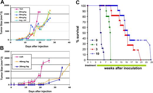 Figure 7. ABT-869 inhibits the growth of and prevents MOLM-13 tumor formation. (A) Daily oral administration of ABT-869 at concentrations of 5, 10, 20, and 40 mg/kg/day was initiated when the MOLM-13 tumors reached an average of 400 mm3 in volume (1 mouse per dosage group). The graph shows the dosage response to the inhibitor compared with tumors treated with vehicle control. (B). Mice injected with MOLM-13 cells were treated with 40 mg/kg/day ABT-869 or vehicle the day after injection of cells (2 mice per dosage group). The graph shows that the mice receiving treatment developed tumors after 26 days of treatment in contrast to the vehicle control (tumor size ± SEM). (C) ABT-869 prolongs survival in MV-4-11 bone engraftment model. NOD-SCID mice were injected with 5 × 106 MV-4-11 cells after bone marrow ablation with cyclophosphamide. Treatment with ABT-869 began on day 40 after injection and continued for another 20 weeks. Survival was determined by observation when the animal demonstrated hind limb paralysis or became moribund.
