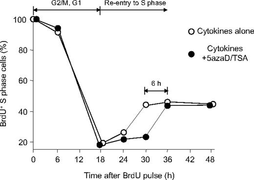 Figure 2. Effect of 5azaD/TSA treatment on cell cycle progression. After 5 days of initial culture, CD34+ cells were reisolated from culture containing 5azaD/TSA treatment or cytokines alone. Reisolated CD34+ cells were pulse-labeled with BrdU and then cultured without BrdU or additional 5azaD/TSA treatment for an additional 48 hours. The harvested cells were stained with FITC-anti-BrdU mAb and PI, and BrdU+ S phase cells quantitated every 6 to 12 hours by flow cytometry. The results show the percentage of BrdU+ cells in the S phase at indicated time intervals.