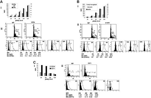 Figure 4. Relationships among VWF, GPIIb, GPIIIa, β-actin, GAPDH, β2-microglobulin, CD34 and CD71 protein level, and ploidy. The levels of (A) VWF, GPIIb, GPIIIa, (B) β-actin, GAPDH, β2-microglobulin, and (C) CD34 and CD71 in each ploidy class were measured by flow cytometry. (i) Geometric mean fluorescence intensity (MFI) was calculated for each ploidy class as follows. Each ploidy class was first gated (from 2N to 16N) on the propidium iodide (PI) labeling. MFI in FL1 was measured for each specific antibody and its isotype-matched control (IgG). The corrected MFI for each ploidy was calculated by subtraction of the isotype MFI to the MFI obtained with the specific antibody. (ii) Examples of MFI measurement. Cells were stained with specific antibody and PI and gated on the ploidy class (middle panels). MFI designed as M1 for IgG and as M2 for (A) GPIIb, (B) β-actin, and (C) CD71, respectively, was obtained for each ploidy level separately by measuring the fluorescence intensity in FL1 (lower panels). Corrected MFI is equal to the subtraction of M1 from M2. Filled areas represent background fluorescence (M1), whereas open areas represent fluorescence obtained with the specific antibody (M2).