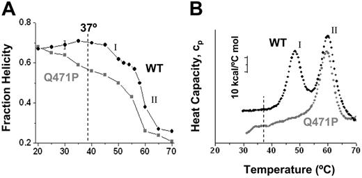 Figure 2. Thermal denaturation studies of the WT and Q471P mutant. WT and Q471P recombinant spectrin fraction folded as a function of temperature based on (A) circular dichroism and (B) DSC measurements all show a significant thermal destabilization of the Q471P mutant relative to the WT construct at or below 37°C.