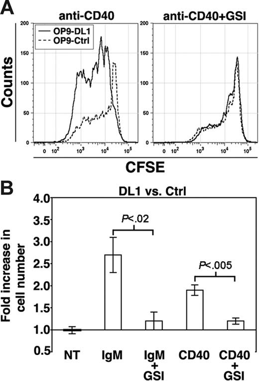 Figure 2. DL1 signaling enhances B-cell proliferation after CD40 or BCR stimulation. (A) CFSE-labeled FO B cells were stimulated with anti-CD40 antibodies for 72 hours on OP9-DL1 (solid lines) or OP9-Ctrl (dashed lines) cultures without or with GSI. (B) Histogram presents the fold increase in the number of B cells recovered from OP9-DL1 versus OP9-Ctrl cultures after 72 hours of the indicated treatment. Error bars represent SEM. For no treatment (NT), n = 9; IgM and IgM+GSI, n = 5 (12.5 μg/mL anti-IgM); CD40 and CD40+GSI, n = 6.