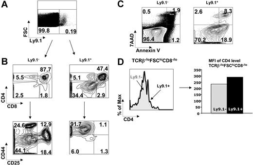Figure 6. Developmental defects of thymocytes in Cbfb-MYH11 chimeras. (A) Identification of Ly9.1+ and Ly9.1− thymocytes from a Cbfb-MYH11 chimera. (B) Analysis of thymocyte development in the Cbfb-MYH11 chimeras by FACS. Top panels show CD4 and CD8 distribution of Ly9.1+ and Ly9.1− cells. Bottom panels show CD44 and CD25 distribution of DN cells from Ly9.1+ and Ly9.1− cells. (C) The annexin V and 7AAD stainings of Ly9.1+ and Ly9.1− cells are displayed. (D) CD4 expression in immature thymocytes. The left panel shows a representative histogram overlay of CD4 expression in TCRβloFSChiCD8−/lo thymocytes from Ly9.1+ and Ly9.1− cells. The right panel shows the MFI of CD4 expression in TCRβloFSChiCD8−/lo cells.