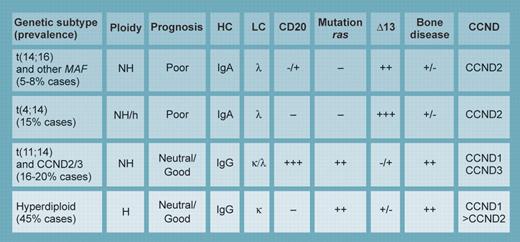 The most common and best defined subtypes of myeloma. NH indicates nonhyperdiploid; H, hyperdiploid; HC, preferred immunoglobulin heavy chain used; LC, preferred immunoglobulin light chain used by this genetic subtype; CD20, likelihood of CD20 expression in the cell surface; mutation ras, likelihood of ras mutation in this genetic subtype; deletion 13, likelihood of having chromosome 13 monosomy or deletion by genetic subtype; bone disease, prevalence by genetic subtype; and CCND, type of cyclin D gene up-regulated (by cis or trans mechanism) by the genetic subtype. Illustration by Kenneth Probst.