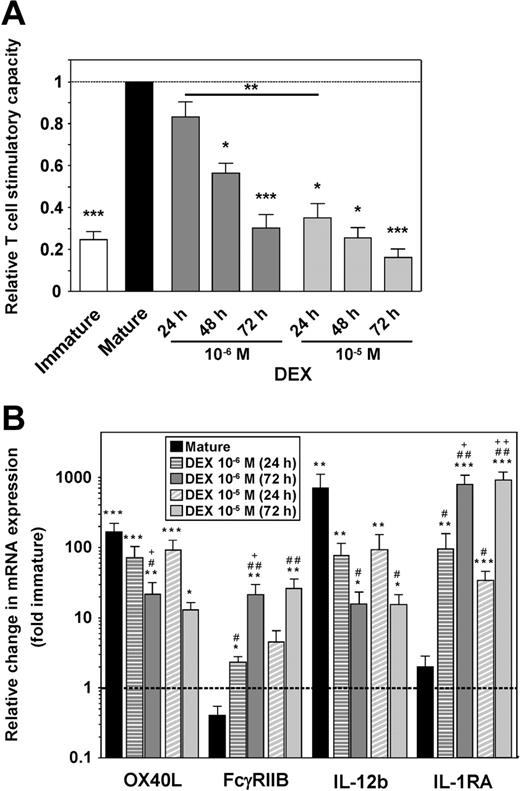 Figure 7. SP37A3 cells retain functional plasticity during maturation. SP37A3 cells were differentiated as described (Figures 1,3), with DEX added at 2 different concentrations (10−6 M, 10−5 M) for the last 24 or 48 hours of the 3-day activation period with TNF-α and IL-1β, or for the entire 72 hours. Conditioned SP37A3 cells were subjected to allogeneic MLR (Figure 3) (A) and quantitative real-time PCR (Figure 6B-C) (B). (A) Proliferation of BALB/c T cells induced by mature SP37A3 cells was set to 1 (dashed line). Data represent mean ± SEM of 4 experiments performed in triplicate. Asterisks indicate statistically significant (*P < .05; **P < .001; ***P < .001) differences compared with proliferation induced by mature SP37A3 cells or between the indicated groups. (B) Data indicate fold changes in mRNA expression by mature and alternatively activated SP37A3 cells, versus immature cells (dashed line). Data represent mean ± SEM of 3 experiments performed in duplicate. *Statistically significant differences in mRNA expression by mature or alternatively activated versus immature SP37A3 cells; #statistically significant differences in mRNA expression by DEX-cotreated versus mature SP37A3 cells; +statistically significant differences in mRNA expression by SP37A3 cells cotreated with the same dose of DEX for 72 versus 24 hours (*P < .05; #P < .05; +P < .05; **P < .01; ##P < .01; ++P < .01; ***P < .001).