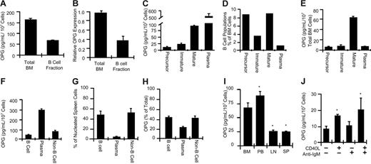 Figure 2. B-lineage cells are a major source of OPG production in the BM and spleen. (A) OPG secretion by total BM white cells or the B-cell fraction contained therein was quantitated by ELISA. Mean ± SD of triplicates. Data are representative of more than 6 independent experiments. (B) Relative OPG transcription was quantitated by RT-PCR in total BM white cells or B-cell fraction contained therein. Data are presented as mean ± SD of 3 independent mice per group. (C) OPG production by equivalent numbers (1 × 107 cells) of purified BM B-cell precursors, immature B cells, mature B cells, and plasma cells. (D) B-lineage cell composition as a percentage of total nucleated BM cells. (E) Actual concentration of OPG secreted by specific B-lineage cells per 107 total nucleated BM cells. The total OPG production was 134 ± 26.1 pg/mL/107 total white BM cells. (F) OPG production by equivalent numbers of mature spleen B cells was quantitated relative to plasma cells and non–B-lineage cells (non-B cell). (G) Spleen B-cell composition as a percentage of total nucleated spleen cells. (H) Percentage spleen OPG production for each cell population in the spleen. Mean ± SD of 2 independent experiments measured in triplicate. *P < .05 relative to unstimulated. (I) Comparison of OPG production by equivalent numbers of mature B cells derived from BM, peripheral blood (PB), lymph nodes (LN), or spleen (SP). BM from 5 independent mice was measured in triplicate. *P < .001 relative to BM (ANOVA). (J) OPG production by mature splenic B cells stimulated in vitro with CD40L (500 ng/mL) and/or anti-IgM activating antibody (5 ng/mL).