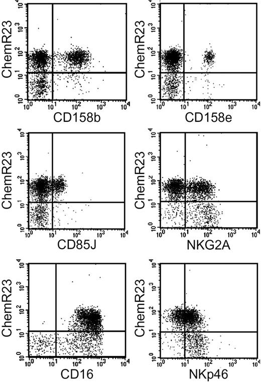 Figure 2. Expression of inhibitory and activator receptors by ChemR23+ NK cells. Freshly isolated NK cells were analyzed by 2-color immunofluorescence and flow cytometry for the expression of ChemR23 in combination with antibodies against the indicated molecules.