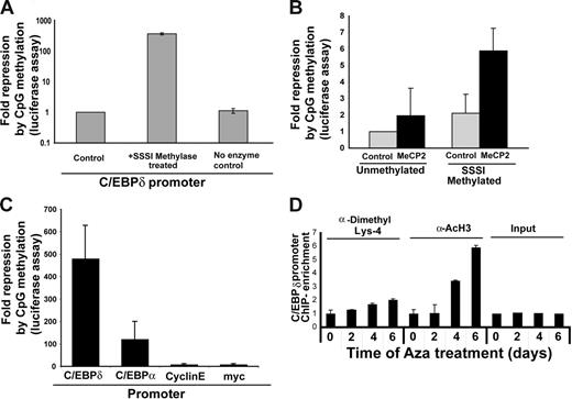 Figure 3. C/EBPδ promoter activity is suppressed by methylation. (A) Luciferase assays showing C/EBPδ promoter repression in response to methylation. Methylated (SssI) or mock-methylated C/EBPδ promoter reporter constructs were transfected into 32D cells. The fold repression was calculated as 1/activity (normalized to Renilla values) with the control set as 1. The results are shown as the mean ± SD of 3 independent experiments. (B) Luciferase assay in S2 Drosophila cells, indicating that C/EBPδ promoter repression is dependent on MeCP2 activity. Methylated or mock-methylated reporter constructs were transfected into S2 Drosophila cells along with an Sp1 expression plasmid and either an empty vector or a MeCP2 expression vector. Fold repression was calculated as 1/relative activity, with the control set as 1. The results are shown as the mean ± SD of 3 independent experiments. (C) Luciferase assay showing fold repression in promoter activity of C/EBPδ, C/EBPα, cyclin E, and c-myc promoters after SssI methylase treatment. Methylated (SssI) or mock-methylated C/EBPδ promoter reporter constructs were transfected into 32D cells. The results are shown as the mean ± SD of 3 independent experiments. (D) Chromatin modification of histone H3-K4 methylation and histone H3 acetylation. Chromatin immunoprecipitations were performed with Aza-exposed U937 cells. Antibodies against histone H3-methylated K4 (K4-Me), acetylated histone H3, or IgG isotype control were used. Real-time PCR was performed using C/EBPδ promoter–specific primers and probe. The results shown are mean ± SD of 2 independent experiments.