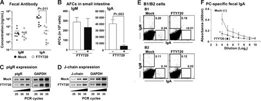 Figure 7. Impaired fecal IgA production after treatment with FTY720. (A) Fecal extracts were collected from the reconstituted SCID mice and analyzed for immunoglobulin production by ELISA as described in Figure 6A. Horizontal bars represent the mean. (B) Similarly, mononuclear cells were isolated from small intestinal lamina propria and used for the ELISPOT assay. The error bars are ± SEM (n = 5). (C-D) pIgR expression in epithelial cells (C) and J-chain expression in lamina propria lymphocytes (D) were examined by RT-PCR. Data are representative of 3 independent experiments. (E) SCID mice were adoptively transferred with purified peritoneal B1 or B2 cells and treated with FTY720 as described in Figure 6A. FACS analysis was performed to detect IgA+ and IgM+ cells in the intestinal lamina propria of mice treated with (right) or without (left) FTY720. Data are representative of 3 independent experiments. (F) Mice were orally immunized with R36A together with cholera toxin and treated with (•) or without (○) FTY720. After 3 days, fecal PC-specific IgA levels were measured by ELISA. The error bars are ± SEM (n = 4). *P < .05.