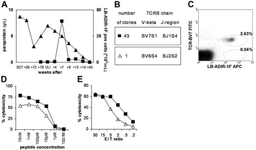 Figure 3. Tetramer staining and clonal analysis of LB-ADIR-1F–specific CTLs in the patient. PBMCs from the patient taken at several time points after SCT and DLI were stained with LB-ADIR-1F tetramers (▪), and serum paraprotein levels were measured (▴) (A). LB-ADIR-1F tetramer-positive cells present at week 7 after DLI were single-well sorted and expanded. TCRBV sequence analysis was performed on 44 reactive clones revealing TCRBV7S1 in 43 clones and TCRBV6S4 in 1 clone (B). Reanalysis of the patient sample was performed using counterstaining with TCRBV7 confirming a low percentage of TCRBV7-negative cells in the LB-ADIR-1F–positive population (C). Reactivity of TCRBV7S1- (▪) and TCRBV6S4- (▵) expressing clones was determined using 51Cr release assays on peptide-pulsed T2 cells (D) and EBV-LCL cells (E), demonstrating that TCRBV6S4-expressing T cells displayed lower cytotoxicity.