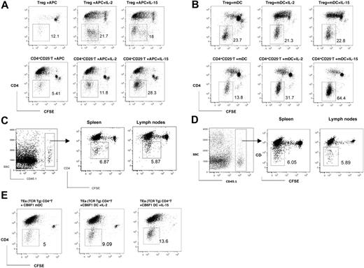 Figure 2. In vivo or in vitro conversion of peripheral CD4+ T cells to CD4− T cells via auto- or alloantigen-triggered or homeostatic proliferation. (A) Flow cytometry of CD4− cells converted from C57BL/6 (CD45.1) CD4+ T cells via mitomycin C–treated DBA/2 APC stimulation in vitro. (B) Flow cytometry of CD4− cells converted from C57BL/6 (CD45.1) CD4+ T cells via syngeneic mDC stimulation in vitro. (C) CFSE-labeled C57BL/6 (CD45.1) CD4+ T cells were transferred to B6D2F1 mice by intravenous injection. Flow cytometry of CD4− cells converted from C57BL/6 (CD45.1) CD4+ T cells harvested from spleens and lymph nodes of B6D2F1 mice on day 3. (D) CFSE-labeled C57BL/6 (CD45.1) CD4+ T cells were transferred to syngeneic Rag KO mice by intravenous injection. Flow cytometry of CD4− cells converted from C57BL/6 (CD45.1) CD4+ T cells harvested from spleens and lymph nodes of syngeneic Rag KO mice on day 7. (E) Flow cytometry of CD4− cells converted from C57BL/6 TEa transgenic CD4+ T cells via CB6F1 mDC stimulation in vitro. Numbers refer to the percentages of gated CD4− cells.