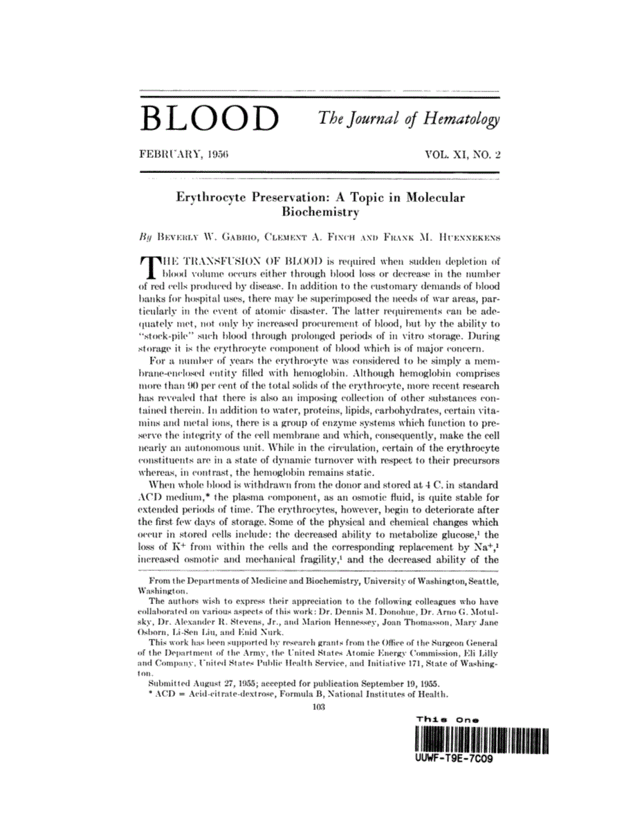 First page of Erythrocyte Preservation: A Topic in Molecular Biochemistry
