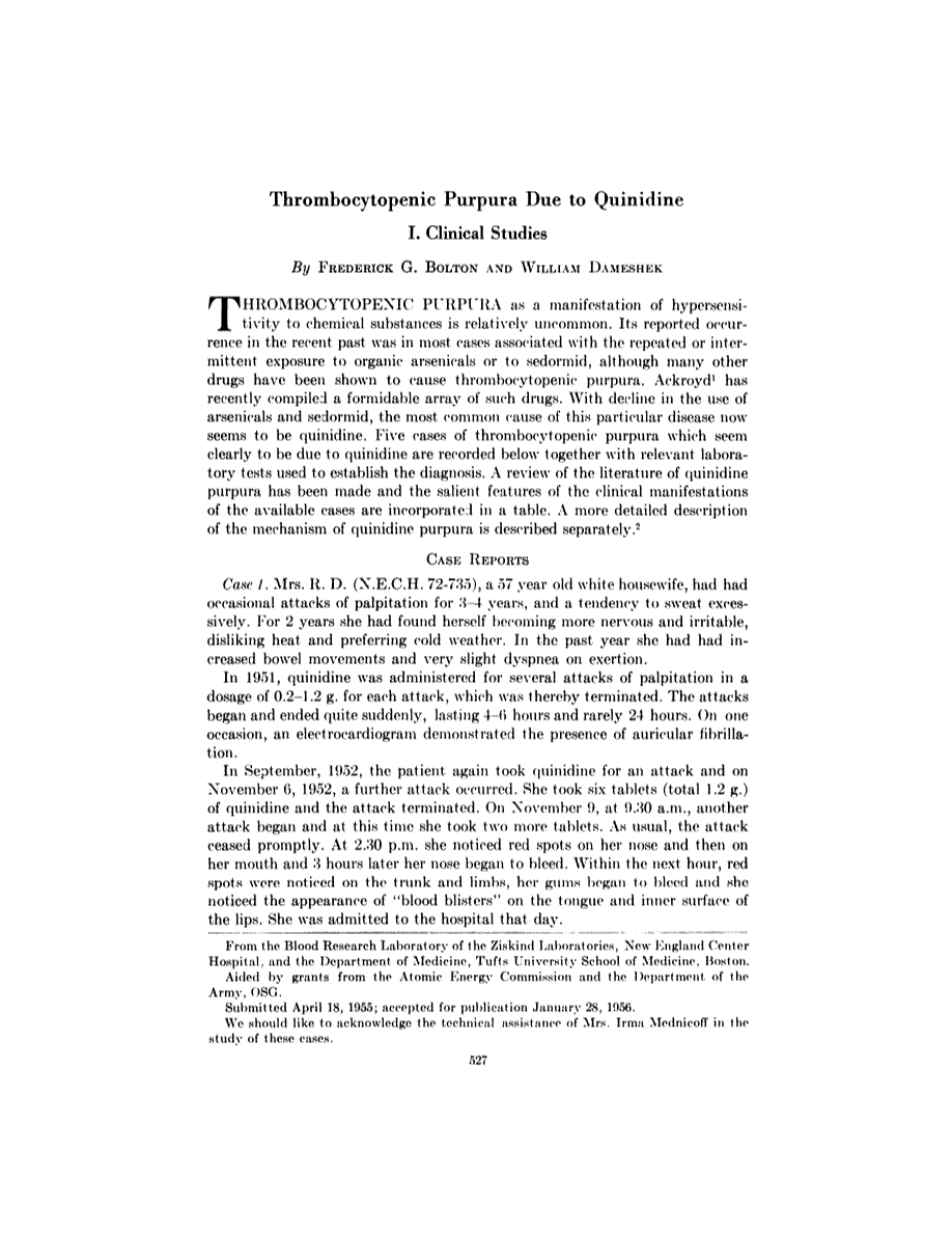First page of Thrombocytopenic Purpura Due to Quinidine <subtitle>I. Clinical Studies</subtitle>