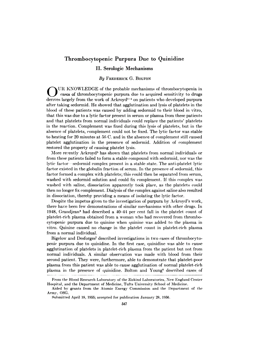 First page of Thrombocytopenic Purpura Due to Quinidine <subtitle>II. Serologic Mechanisms</subtitle>