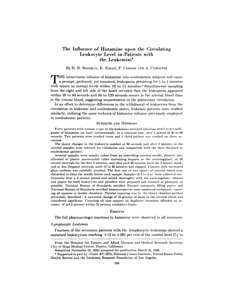 First page of The Influence of Histamine upon the Circulating Leukocyte Level in Patients with the Leukemias