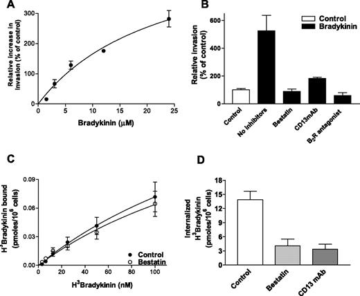 Figure 2. CD13 regulates bradykinin-induced invasion and internalization, but not its binding to endothelial cells. (A) Effects of increasing concentrations of bradykinin (in serum-free medium containing growth factor supplement) on endothelial invasion. (B) Sensitivity of bradykinin-induced invasion (12.5 μM; ■) to CD13 inhibition by bestatin (100 μg/mL) or MY7 antibody (CD13 mAb, 1:100 dilution) or inhibition of bradykinin signaling by the B2R antagonist HOE140 (10 μM). (C) Binding of 3H-bradykinin to HUVECs at 0°C in the presence or absence of bestatin. (D) Effects of CD13 inhibition by bestatin (100 μg/mL) or MY7 antibody (CD13 mAb, 1:100 dilution) on 3H-bradykinin (50 nM) internalization at 37°C. Data are shown as mean (± SD, n = 3).