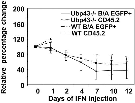 Figure 6. IFN injection into Ubp43-deficient BCR-ABL+ recipient mice reduces the leukemic cell percentage. Recipients of BCR-ABL–transduced UBP43+ (n = 2) or UBP43− (n = 5) were injected subcutaneously with 18 000 units/day mIFNβ beginning at day 17 or day 28, respectively. The graph is a plot of the percentage change over time in total donor cells (CD45.2+) and BCR-ABL–positive donor cells (EGFP+) from the start date of the injection (day 0). UBP43+ recipient mice rapidly succumbed to BCR-ABL–induced leukemia, whereas UBP43− recipients showed a decrease in the donor cell numbers up to a maximum of approximately 50% at day 10.