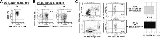 Figure 5. Similar preservation of CD34+CD38− cells when UCB progenitors are cultured at 2% to 3% O2 on FN with OB factors or in contact with the osteoblast cell line MG-63. CD34+ progenitors were cultured in (A) SCF, FLT3L, and TPO or in (B) SCF, IL-6, and CXCL12. (C) CD34+ progenitors were cultured for 7 days at 2% to 3% O2 either on FN-coated plates and SCF, IL-6, and CXCL2 or on the MG-63 osteoblast feeder. FACS analysis was done on CD45+ gated fractions in the coculture. Shown here is a FACS plot representative of 1 of 3 independent experiments.