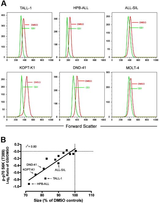 Figure 5. Notch inhibition reduces cell size. (A) The indicated cell lines were treated with GSI (compound E) or vehicle (DMSO) for 7 days. After the incubation period, relative size (forward scatter) of G0/G1-gated cells was determined by flow cytometry. Histograms with FSC on the X-axis are shown. (B) The magnitude of size reduction for each of the 13 tested lines was measured after exposure to GSI for 7 days and correlated with its corresponding suppression in p70 S6 kinase (T389) phosphorylation as measured using RPP microarrays. Size of GSI-treated cells is reported as a percentage of mock (DMSO)–treated cells on the X-axis. The level of phospho-p70 S6 kinase (T389) is shown on the Y-axis as the median-centered log2 ratio of GSI/DMSO-treated cells.