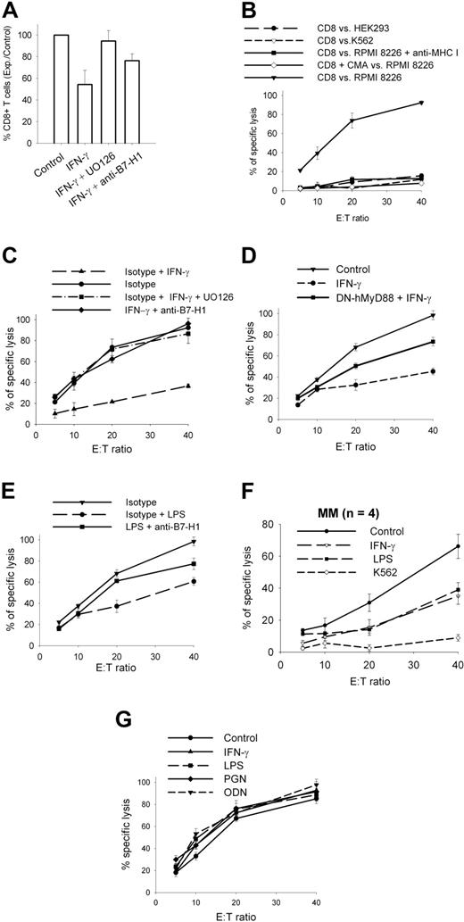 Figure 7. T-cell inhibition by MM plasma cells. (A) CD8+ T-cell expansion after a 2-week coculture with irradiated RPMI 8226 MM cells pre-incubated with 500 IU/mL IFN-γ and 20 μM UO126 or anti-B7-H1 or isotype control. (B) CTL activity of CD8-sorted T cells expanded for 2 weeks with irradiated RPMI 8226 cells, against HEK 293, K562, and RPMI 8226 cells. (C) CTL activity against RPMI 8226 cells of CD8-sorted T cells expanded for 2 weeks with irradiated RPMI 8226 cells pre-incubated with 500 IU/mL IFN-γ + /− 20 μM UO126 or anti-B7-H1 or isotype control. (D) Same as (C) but with CD8-sorted T cells expanded with irradiated RPMI 8226/DN-hMyD88 cells. (E) Same as (C) but 500 ng/mL LPS instead used for preincubation of stimulator cells in coculture. (F) CTL activity against CD-138 selected MM cells of CD8-sorted T cells expanded for 2 weeks with irradiated CD138-selected samples pre-incubated for 24 hours with 500 IU/mL IFN-γ or 500 ng/mL LPS used as stimulator cells in coculture. Results are means and SD of 4 samples. (G) Same as (B) but against target cells pre-incubated for 1 hour with TLR ligands (500 ng/mL LPS, 2.5 μg/mL PGN, 5 μM ODN) or 500 IU/mL IFN-γ before CTL assay. Data represent mean and SD of experiments performed twice in quadruplicate.