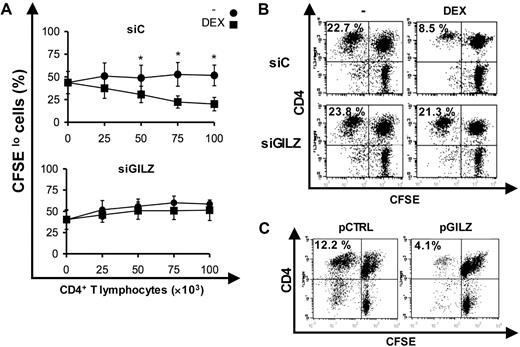 Figure 3. Suppressive functions of CD4+ T lymphocytes stimulated with GILZ-expressing DCs. (A-B) Inhibition of GILZ expression and induction of Tregs. DCs, nucleofected with siC or siGILZ and treated or not treated with DEX (10−7 M), were pulsed with PPD and used to stimulate CD4+ T lymphocytes, which were then added in various numbers to CFSE-labeled PBMCs stimulated with PPD. Proliferation of CD4+ responders was assessed by flow cytometry. Means ± SEM of 7 experiments are shown in (A), and a representative experiment with 5 × 104 CD4+ T lymphocytes added to PBMCs is shown in (B). *P < .05. (C) Induction of Tregs by GILZ-transfected DCs. DCs were nucleofected with pCTRL or pGILZ, pulsed with PPD, and used to stimulate CD4+ T lymphocytes; the suppressive function of these lymphocytes was tested on the PPD-induced proliferation of CFSE-labeled CD4+ responders. Results shown are representative of 7 experiments. Percentages represent the fraction of CFSElo CD4+ T lymphocytes cells among CD3+CD4+ cells.