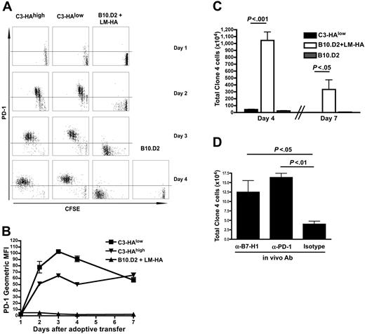 Figure 1. Early induction of PD-1 on CD8 T cells responding to self-antigen. (A, B) Unsorted Thy1.1-marked HA-specific CD8 T cells from clone 4 TCR transgenic mice were CFSE-labeled and adoptively transferred into animals that express HA as a self-antigen in different amounts (C3-HAlow and C3-HAhigh) or to WT mice infected with an attenuated L monocytogenes strain that expresses HA (LM-HA). Plots shown are gated on CD8+ Thy1.1+ lymphocytes (clone 4 donor cells). (A) PD-1 expression on clone 4 CD8 T cells as a function of division (CFSE dilution). Horizontal line represents isotype control. (B) PD-1 expression on clone 4 T cells transferred to mice that express high levels (C3-HAhigh, inverted triangles) or low levels (C3-HAlow, squares) of HA. Mean ± SEM shown. (C) Unlabeled clone 4 T cells transferred as above, total cell number in spleen is shown. For a-c, 5 animals per group, data representative at least 2 experiments. (D) Adoptive transfer into C3-HAlow mice was performed in the presence of 100 μg of the indicated blocking antibody (administered intraperitoneally on day 0). Total number of clone 4 cells per spleen on day 4 is shown. n = 5.