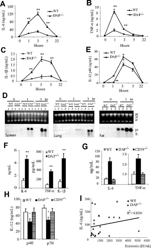 Figure 1. LPS sensitivity of wild-type (WT) and DAF−/− mice. (A-C) ELISA assays of plasma levels of IL-6 (A), TNF-α (B), and IL-1β (C) in C57BL/6 WT and DAF−/− mice at various time points after LPS challenge. (D) Northern blot analysis of IL-6 mRNA levels in the spleen, lung, and fat of C57BL/6 WT and DAF−/− mice. Each lane represents an individual animal. (E) ELISA assays of plasma IL-12p40 levels in C57BL/6 WT and DAF−/− mice at various time points after LPS challenge. (F) ELISA assays of plasma IL-6, TNF-α, and IL-1β levels in BALB/c WT and DAF−/− mice 3 hours after LPS challenge. (G-H) Comparison of plasma IL-6, TNF-α (G), and IL-12p40, IL-12p70 (H) levels in C57BL/6 WT, DAF−/−, and CD59−/− mice 3 hours after LPS challenge. (I) Correlation plot of plasma IL-6 and LPS levels in C57BL/6 WT and DAF−/− mice 3 hours after LPS challenge. N = 4 for each group in panels A-C and E. N = 2 for each group in panel D. N = 4-12 for each group in panels F-I. Values shown are mean ± SEM. *P < .05, **P < .001, Student t test.