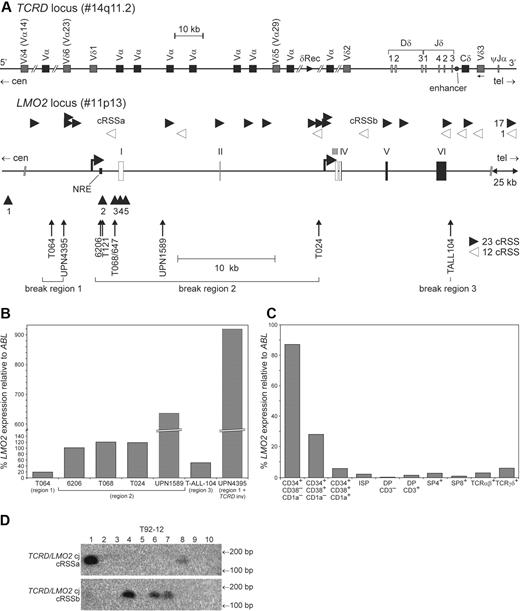 Figure 1. Effect of t(11;14)(p13;q11) derivative chromosome configuration on LMO2 expression in T-ALL. (A) Schematic diagram depicting the human TCRD locus that is located within the TCRA locus; V, D, and J gene segments and the TCRD enhancer are indicated. Schematic diagram of LMO2; the 6 exons are indicated (I-VI), of which the coding exons (exon IV partly, exons V and VI) are indicated in black and noncoding exons in white. The distal and proximal promoters are indicated by bent arrows, whereas NRE indicates the negative regulatory element located within the distal promoter. Exact breakpoint location of the t(11;14)(p13;q11) cases of the present study are indicated. The 3 major breakpoint regions with regard to LMO2-coding region and NRE are indicated. Arrowheads under the gene indicate molecular characterized LMO2 breakpoint regions involved in TCR-associated translocations as described in the literature: 1 = t(11,14)(p13;q11),9; 2 = t(7,11)(q34;p13)19; 3 = t(11,14)(p13;q11)6,7 and t(7;11)(q34;p13)8; 4 = t(11,14)(p13;q11)4,8; 5 = t(11,14)(p13;q11).4,5 White triangles orientated to the left and black triangles orientated to the right as depicted above the LMO2 locus indicate 12-bp cRSS and 23-bp cRSS, respectively, that were identified with the RIC algorithm and that pass the functionality threshold and are orientated in the appropriate direction for potential involvement in t(11;14)(p13;q11). The 25-kb area indicated 3′ of LMO2 contains another 17 23-bp cRSSs and 1 12-bp cRSS. (B) LMO2 RQ-PCR expression in T-ALL with t(11;14)(p13;q11) with different derivative chromosome configurations, as presented in Table 2. (C) LMO2 RQ-PCR expression in consecutive T-cell developmental stages isolated from 6 pooled human thymus samples (aged 6 wk to 3.5 y; median, 11 mo). LMO2 expression in panels B-C is normalized to the expression level of ABL and given as percentages of LMO2 expression relative to ABL expression. (D) One representative thymus demonstrating PCR/Southern blot analyses of total human thymocytes for t(11;14)(p13;q11) coding joints (CJ) due to either the involvement of cRSSa located just downstream of the LMO2 NRE and frequently involved in T-ALL or the involvement of cRSSb located in LMO2 intron 4. In total, 2 of 4 thymi tested contained t(11;14)(p13;q11), each having 2 of 10 positive PCR reactions for t(11;14)(p13;q11) involving cRSSa, whereas 1 had 2 of 10 and the other 3 of 10 positive PCR reactions for t(11;14)(p13;q11) involving cRSSb.