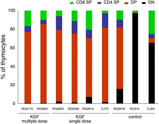 Figure 6. Thymic subsets. Flow cytometric analysis of the thymocyte subsets at time of necropsy in the 3 different groups. SP indicates single-positive (CD4+ or CD8+); DP, double-positive (CD4+ CD8+); DN, double-negative (CD4−CD8−). The thymus of animals CJ5D and RQ3564 were not available for this analysis.