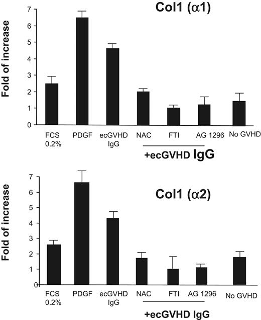 Figure 3. Stimulatory antibodies to PDGFR from patients with ecGVHD induce type I collagen. Type I collagen gene expression by normal human fibroblasts after incubation with 0.2% fetal calf serum for 48 hours, PDGF (15 ng/mL for 15 minutes), extensive cGVHD IgG (ecGVHD; 200 μg/mL for 15 minutes), IgG from patients without GVHD (No GVHD IgG; 200 μg/mL for 15 minutes) in the presence and absence of AG1296 (2 μM for 1 hour before treatment), N-acetylcysteine (NAC; 20 mM for 1 hour before treatment), and farnesyl protein transferase inhibitor FTI-277 (20 μM for 2 hours before treatment). Real-time quantitative (RT)-PCR of the transcripts of genes encoding the α1 and α2 chain of type I collagen was performed as described in “Material and methods.”