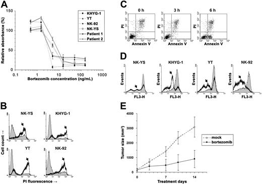 Figure 1. Bortezomib induced apoptosis in the neoplastic NK cells. (A) The NK lymphoma (NK-YS) and NK leukemia (KHYG-1, YT and NK-92) cell lines and short-term primary cultures from tumor biopsies of 2 patients with ENKL were treated with 0.5 to 150 ng/mL bortezomib for 24 hours. Viable cells were measured in triplicate with the MTS assay (Promega, Madison, WI), and results are presented as relative absorbance equal to the percentage of the average reading in untreated cells (±1 standard deviation). (B) After NK-cell lines were treated with 15 ng/mL bortezomib for 24 hours, the cells were collected and stained immediately with 5 μg/mL PI (Sigma, St Louis, MO) to distinguish viable cells from nonviable cells. The fluorescence was measured using the flow cytometer FACSCalibur (BD Biosciences, San Jose, CA). Data were analyzed by the WinMDI v2.8 software (Joseph Trotter, http://facs.scripps.edu/). Histograms of PI fluorescence were overlaid to show the altered distribution between before (thin line) and after (thick line) incubation with bortezomib. Because the dead cells are permeable to PI and thus stainable by PI, they correspond to the population with high fluorescence signals in the chart (arrows). (C) After treatment with 5 ng/mL bortezomib, KHYG-1 cells were stained with Annexin V/PI (BD Biosciences) and examined cytometrically. A population of apoptotic cells appeared in 6 hours with the Annexin V+/PI− phenotype. (D) After treatment with 15 ng/mL bortezomib, neoplastic NK cells were collected at different times and stained with Mitotracker Red (Molecular Probes, Eugene, OR) for Δmψ detection with flow cytometry. Histograms were overlaid to show the altered distribution (arrows) between the time before (thin line) and after 9-hour incubations with bortezomib (thick line). (E) Bortezomib inhibited YT cells in vivo. Four-week-old nude mice (n = 20) were injected subcutaneously in a single flank with 4 × 106 YT cells. Implanted tumors successfully engrafted in 10 mice. The tumor-bearing animals were injected intraperitoneally with bortezomib (n = 5) at 1 mg/kg twice a week or with vehicle only (n = 5). The subcutaneous tumor was measured with a caliper, and tumor size was calculated by the following formula: volume = 0.166 × π × length × width.2 The experiment lasted for 2 weeks until the animals were killed due to big tumor size (< 20 mm) in mock-treated mice. Means (±1 standard deviation) are shown. We compared the data by t test and found the result statistically significant (P = .001).