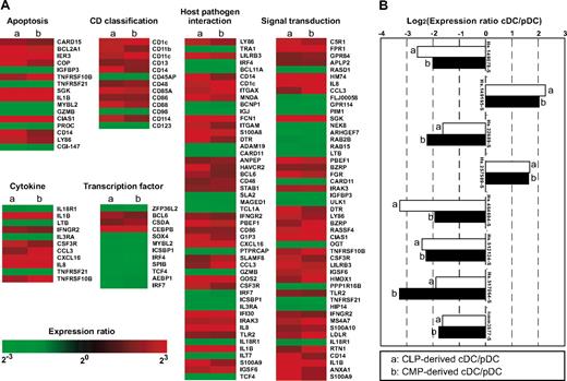 Figure 6. Genes of different expression patterns between each DC subset of myeloid or lymphoid origin. (A) The representative list of 218 genes that displayed significantly different (> 3-fold) expression levels between cDC and pDC subsets. Genes are categorized into groups of genes relevant to apoptosis, CD classification, transcriptional regulation, cytokines, host-pathogen interaction, and signal transduction. All of these functional genes displayed consistent expression patterns irrespective of their lineage origin. (B) List of unknown genes included in the 218 gene subset. Their expression patterns are also preserved in CMP- or CLP-derived DC subsets. Representative data of 3 independent experiments are shown.