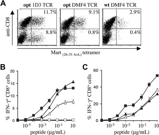 Figure 5. Comparison of the gene-optimized 1D3 TCR and wild-type DMF4 TCR. Activated PBMCs were transduced with titrated viral supernatants of pMX vectors encoding the DMF4 wild-type or gene-optimized receptor or the 1D3 gene-optimized receptor. (A) Four days after transduction, expression in PBMCs was determined by staining with anti-CD8 and A2.1-Mart-1(26-35, 27 A>L) tetramer. The numbers in the top-right and bottom-right corners indicate the percentage of tetramer+ CD8+ and tetramer+ CD8− cells, respectively. (B) Transduced cells were incubated with T2 cells loaded with the indicated Mart-1(26-35) peptide concentrations. After 5 hours of incubation, cells were stained with anti-CD8, and intracellular cytokine production was determined by anti-IFN-γ staining. The percentage of IFN-γ+ CD8+ cells is shown for wild-type DMF4 (▵), gene-optimized DMF4 (▴), gene-optimized 1D3 (■), or nontransduced lymphocytes (□). Error bars represent standard deviations (n = 2). (C) Tetramer+ CD8+ cells were sorted and 1 week later incubated with T2 cells loaded with the indicated Mart-1(26-35) peptide concentrations. After 5 hours of incubation, cells were stained with anti-CD8, and intracellular cytokine production was determined by anti-IFN-γ staining. The percentage of IFN-γ+ CD8+ cells is shown for sorted wild-type DMF4 (▵), gene-optimized DMF4 (▴), and gene-optimized 1D3 (■) transduced PBMCs.