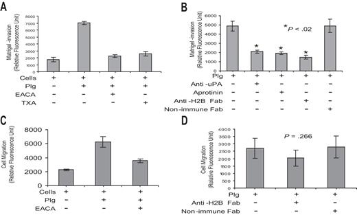 Figure 5. Role of H2B in Matrigel invasion and cell migration. (A,B) RAW 264.7 cells (5 × 104) were either pretreated with anti-uPA (0.5 μg/mL; American Diagnostica, Greenwich, CT), anti-H2B Fab, or nonimmune rabbit Fab or left untreated for 30 minutes. Cells were loaded into the upper portion of Matrigel-coated chambers, together with Plg, and in the absence or presence of aprotinin (50 U/mL; Calbiochem, San Diego, CA), EACA, or TXA, and were allowed to migrate toward MCP-1 in the lower chamber. The invading cells were quantified as described in “Cell invasion and cell migration.” The data are expressed as the means plus or minus SD of 2 independent experiments, and statistical significance was determined by a Student t test. Note that EACA and TXA inhibited 90% and 84% of Plg-dependent RAW 264.7 cell transmigration, respectively, and that anti-H2B Fab inhibited the response by 70% (B). (C,D) RAW 264.7 cells were either pretreated with anti-H2B Fab or nonimmune Fab or left untreated. Cells were loaded into the upper chambers with Plg, in the absence or presence of EACA or TXA, and with MCP-1 in the lower chambers. The membrane separating the upper and lower chamber was uncoated. Migrated cells were quantified as in panels A and B. The data are expressed as the means plus or minus SD of 2 independent experiments and statistical significance was determined by a Student t test.