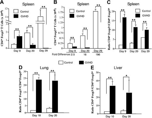 Figure 4. Acute GVHD results in a significant reduction in the ratio of CD4+ Foxp3+ to CD4+ Foxp3− T cells in the spleen and in GVHD target tissues. Lethally irradiated (900 cGy) Balb/c mice received transplants of TCD B6 BM alone (control) or together with 3 × 105 B6 spleen cells (GVHD). Cohorts of mice (n = 6/group per time point) were then killed on days 9, 20, or 29 after transplantation. (A,B) The absolute number of CD4+Foxp3− and CD4+Foxp3+ T cells in the spleens of control or GVHD animals is shown in panels A and B, respectively, for each time point. (C) The ratio of CD4+Foxp3− to CD4+Foxp3+ T cells in the spleens of control and GVHD mice. Data in panels A-C are the cumulative results from 2 experiments and are presented as the mean plus or minus SEM. (D,E) Lethally irradiated (900 cGy) Balb/c mice were transplanted with TCD B6 BM alone (control) or together with 3 × 105 B6 spleen cells (GVHD). Lymphocytes were isolated from the lungs or livers of control or GVHD mice (n = 2-3/group per time point) and pooled suspensions were analyzed for the proportion of CD4+Foxp3− versus CD4+Foxp3+ T cells. The ratio of CD4+Foxp3− to CD4+Foxp3+ T cells in the lung and liver of control and GVHD mice at the indicated time points is shown in panels D and E, respectively. Data are derived from 3 to 4 experiments per time point and are presented as the mean plus or minus SEM. Statistics: *P ≤ .05, **P < .01.