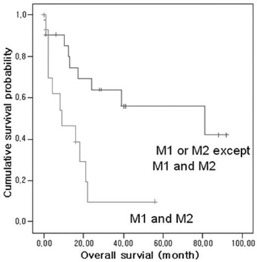 Figure 1. Overall survival analysis of patients with according to p16 methylation amount (P = 0.036)