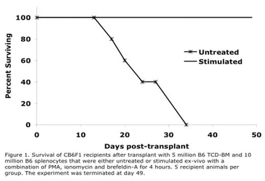 Figure 1. Survival of CB6F1 recipients after transplant with 5 million B6 TCD-BM and 10 million B6 splenocytes that were either untreated or stimulated ex-vivo with a combination of PMA, ionomycin and brefeldin-A for 4 hours. 5 recipient animals per group. The experiment was terminated at day 49.