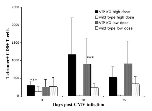 Figure 1:. VIP knockout(KO) mice have an increased CMV tetramer response. VIP KO and VIP WT mice were infected (day 0) with either a sub-lethal low dose (5 × 10^4 PFU) or a lethal high dose (5 × 10^5 PFU) of CMV. Peripheral blood was stained for T cell markers and tetramer and analyzed by flow cytometry. On day 3, high dosed VIP KO mice had a higher number of tetramer positive CD8 T cells and better survival than WT mice (all high dose VIP WT died prior to day 10). VIP KO mice had a significant increase in tetramer positive CD8 T cells between days 3 and 10. *** p<0.01, difference between VIP KO and VIP WT littermate at designated dose level and day.