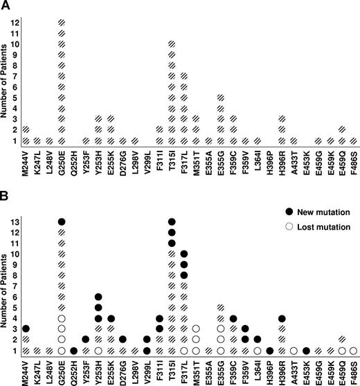 Figure 1. The localization of mutations in the BCR-ABL kinase domain in imatinib-resistant CML. (A) Prior to starting a second tyrosine kinase inhibitor treatment. (B) Following treatment with a second tyrosine kinase inhibitor.