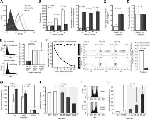 Figure 2. Disruption of IGF1R and ERBB2 signaling inhibits hESC self-renewal. (A) Treatment of H1 cells with the A12 anti-IGF1R blocking antibody led to decreased IGF1R expression on the cell surface as measured by flow cytometry. (B) Colony counting showed that the A12 antibody inhibited H1 cell proliferation (left). Arrows indicate that cultures were passaged on day 3 and 6. Cumulative colony counts increased in the presence of control antibody but not in the presence of A12. A12 also induced hESC differentiation (right) as measured by colony morphology (also see Figure S2). Error bars here and in panels C-H,J are standard deviation (SD). Flow cytometry for (C) SSEA-3 expression confirmed A12 treatment caused increased differentiation, but (D) not an increase in apoptosis. (E) Significant reduction of IGF1R mRNA in the GFP+ population of cultures transfected with an IGF1R-targeted shRNA, compared with either the GFP- population, or GFP+ cells transfected with a control shRNA. (F) Decline in the percentage of GFP+ cells in H1 cultures (left) transduced with a lentiviral vector containing a shRNA targeting IGF1R, rather than a control shRNA. Middle panel shows flow cytometry profiles that indicate stable expression of IGF1R and percentages of cells that are GFP+ in control shRNA–transduced cultures on days 1, 12, and 22, while cultures transduced with the IGF1R-targeted shRNA vector exhibited a decline in IGF1R expression and a reduction in GFP+ and GFP+/IGF1R+ cells. Right panel shows the average percentage of GFP+ cells at days 15, 19, and 22 was significantly lower in the IGF1R-targeted shRNA transduced culture. (G) A total of 50 μM AG825 inhibited proliferation of BG02 hESCs growing in CM. Triplicate cell counts from 2 independent experiments are shown. … and - - - indicate pretreatment cell counts from experiments 1 and 2, respectively. (H,I) Increasing concentrations of AG825 caused a dose-dependent reduction in the proportion of H1 hESCs in the G1 phase of the cell cycle, and (J) a moderate dose-dependent rise in apoptosis.