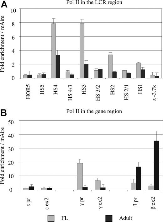 Figure 4. Comparison of pol II recruitment at the human β-globin locus between fetal and adult erythroblasts. (A) Comparison of pol II recruitment in the LCR between fetal and adult erythroblasts. Each data point represents enrichment relative to the external mouse Aire gene of cross-linked chromatin from approximately 100 dpc fetal liver (▒) or adult erythroblasts (■), immunoprecipitated using antibodies against Pol II. The y-axis values measure relative enrichments. Notice that the HS cores of the LCR in fetal erythroblasts bind pol II 2 to 3 times more than in adult erythroblasts, whereas the intervening regions between the HS sites bind similar amounts of pol II at the fetal and adult stages. (B) Comparison of pol II recruitment in fetal and adult erythroblasts at the promoters and exons of the ε-, γ-, and β-globin genes.