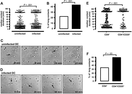 Figure 4. Contact duration between FV-infected DCs and naive T cells. DC–T-cell interactions were analyzed within a 3D collagen gel. Transgenic CD4+ T cells from DO11.10 mice were isolated and mixed with OVA-antigen loaded DCs in a 10:1 ratio. (A) Contact duration times (minutes) between uninfected DCs (●) or FV-infected DCs (■) and CD4+ T cells are shown. The median for both groups (gray line) was statistically significantly different (P < .001). Shown are the cumulative results from 4 independent experiments with similar outcomes. The total number of measured contacts were 330 in uninfected DCs and 329 in FV-infected DCs. (B) In addition, cell contacts between uninfected (□) and FV-infected (■) DCs and CD4+ T cells that lasted longer than 38 minutes (3 times the median of the contact times between T cells and uninfected DCs) were counted. Cumulative results from 4 independent experiments are shown. The difference between both groups was statistically significant (P < .001). (C) Representative example of short cell contacts between 1 uninfected DC and 2 naive CD4+ T cells. The time point when the picture was taken after initiation of the culture is given. (D) Representative example of a long contact between 1 FV-infected DC and 2 naive CD4+ T cells. Arrows indicate cell-to-cell contacts between DC and T cells. See “Analysis of cell-cell interactions within 3D collagen gels” for complete image acquisition information. (E) Contact duration between DCs and natural Treg cells. DC–T-cell interactions were analyzed within a 3D collagen gel. Naive CD25+ (Foxp3+ but CD69− and CD44−) or CD25− transgenic CD4+ T cells from DO11.10 mice were isolated and mixed with OVA-antigen–loaded uninfected DCs in a 10:1 ratio. Contact duration times (minutes) between DCs and CD4+CD25− (left) or CD4+CD25+ (right) are shown. The median for both groups (gray line) was statistically significantly different (P < .001). Shown are the cumulative results from 3 independent experiments with similar outcomes. The numbers of measured contacts were 167 for CD4+ and 106 for CD4+CD25+. (F) In addition, cell contacts between CD4+CD25− (□) or CD4+CD25+ (■) T cells and DCs that lasted longer than 3 times the median of the contact times between the total CD4+ T cells and uninfected DCs were counted. Cumulative results from 3 independent experiments are shown.