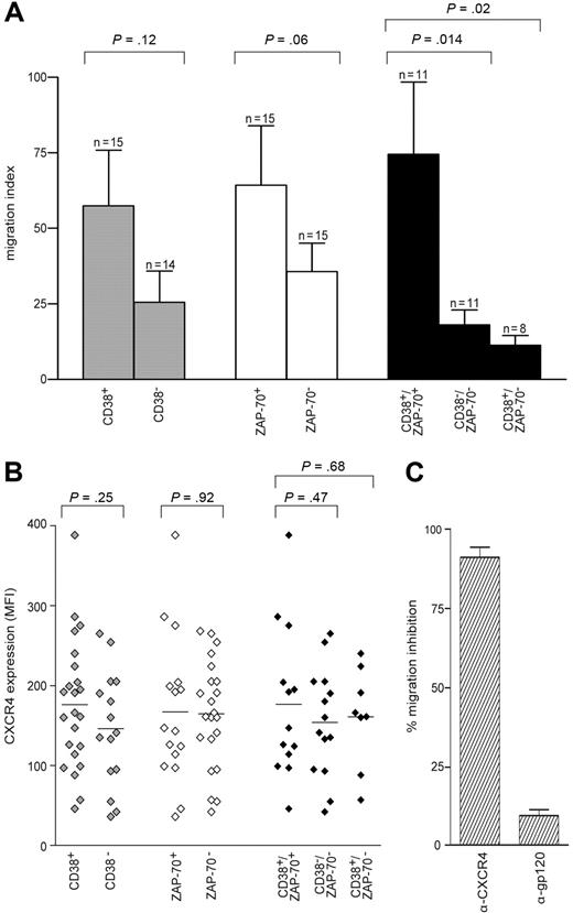 Figure 2. CD38+/ZAP-70+ CLL cells show enhanced migration in response to SDF-1α. (A) PBMCs from 38 patients with CLL were assayed in the bare-filter chemotaxis assay for migration toward SDF-1α (100 ng/mL). The comparison between CD38+ (n = 15) and CD38− (n = 14) patients (▩) or between ZAP-70+ (n = 15) and ZAP-70− (n = 15) patients (□) is not statistically significant. On the contrary, the results scored by comparing CD38+/ZAP-70+ (n = 11) with CD38−/ZAP-70− (n = 11) or with CD38+/ZAP-70− (n = 8) patients (■) are significantly different. Results are expressed as the mean of the migration indexes, while the error bars indicate the SEM. Statistical difference was calculated according to the Student 2-sample, 2-tailed t test. (B) MFI values for CXCR4 expressed by the 38 patients studied for migration. The comparison between CD38+ (n = 23) and CD38− (n = 16) () is not statistically significant, as opposed to the results scored by comparing ZAP-70+ (n = 17) with ZAP-70− (n = 22) patients (◇) and CD38+/ZAP-70+ (n = 13) with CD38−/ZAP-70− (n = 14) patients (◆). CD38+/ZAP-70− patients (n = 8) featured CXCR4 MFI values not significantly different from CD38−/ZAP-70− patients. (C) Migration was completely abrogated by anti (α)–CXCR4 treatment. Pretreatment with the irrelevant anti (α)–gp120 mAb excluded a nonspecific block. Results are presented as percentage of inhibition of migration in the absence of antibodies and are the means plus or minus SEM of 5 experiments.